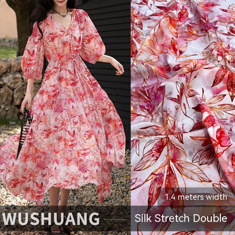 Silk Stretch Crepe De Chine Pink Fabric Printed Maple Leaf Spring Summer Shirt Dress Fashion Apparel Sewing Fabrics by the Meter