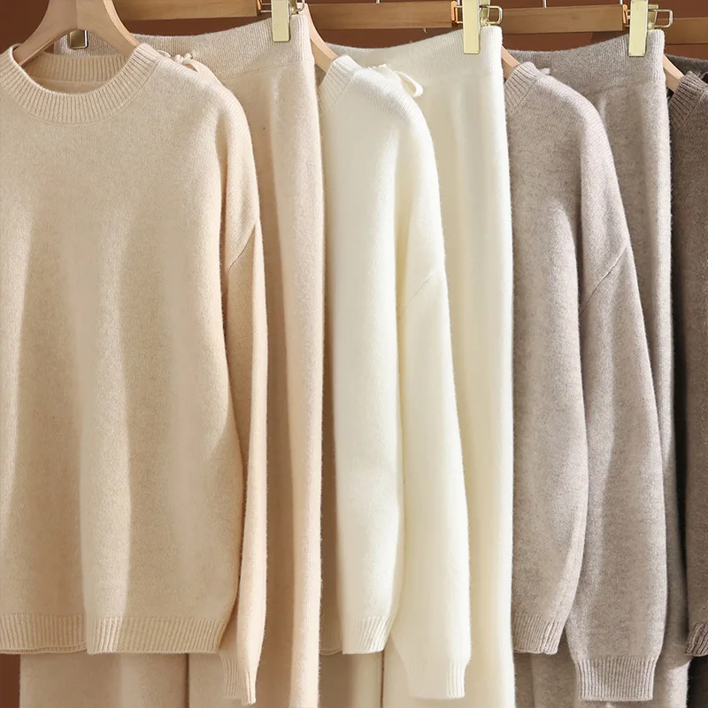 New Women Wool O-neck Pullover Wide Leg Pants Set 100% Wool Sweater Autumn Winter Casual Dropping Sleeve Knit Loose Top Trousers