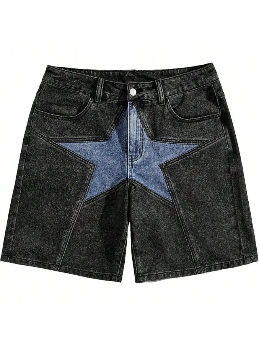 

Mens High Waisted Button Fly Straight Leg Denim Shorts With Star Patchwork And Pockets