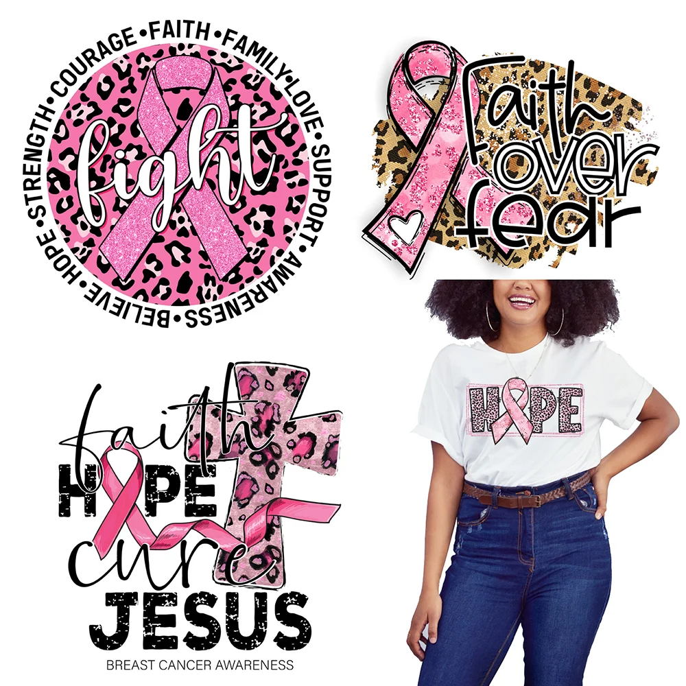 Strong Fight Faith Woman Decals Pink Ribbon Patch For Shirt Sticker Breast Cancer Survivor Transfer Girl Dress Diy Heat Printing