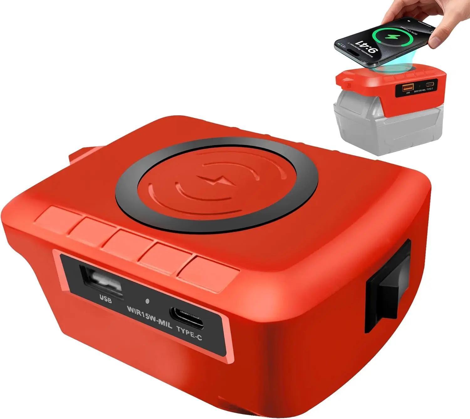 Wireless Phone Charger for Milwaukee 18V Battery,Battery Adapter with USB and Type-C Output, for Camping Travel,Outdoor Working