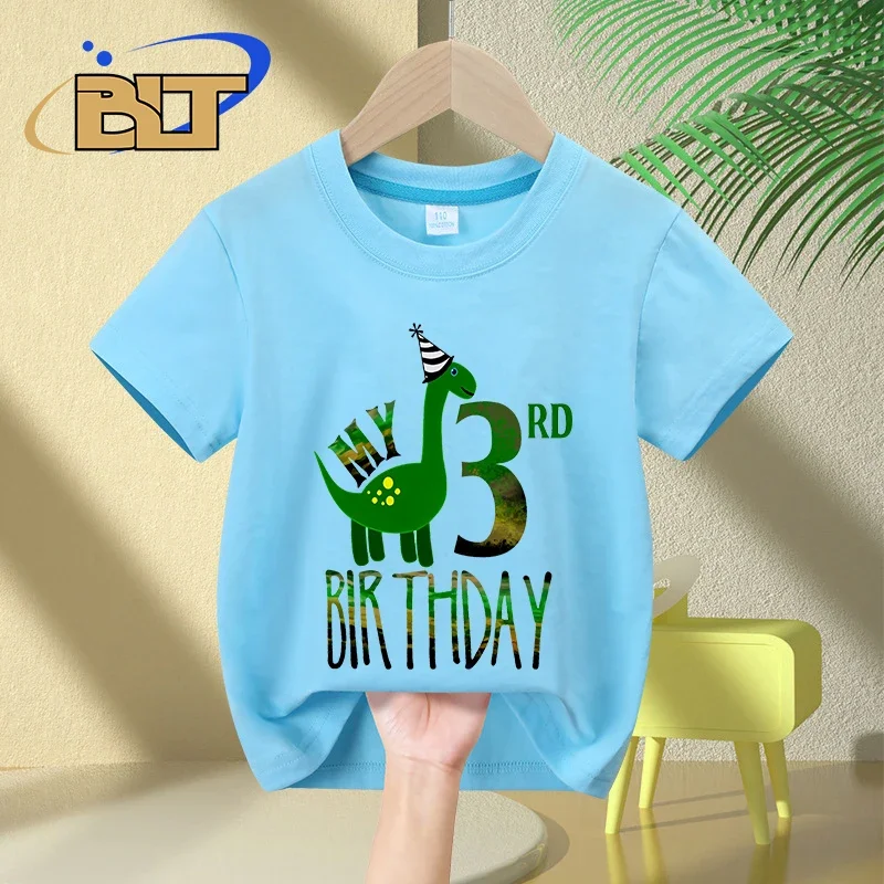 T-shirt de manga curta para crianças, top de algodão, casual, dinossauro, para aniversário, verão, 3 anos