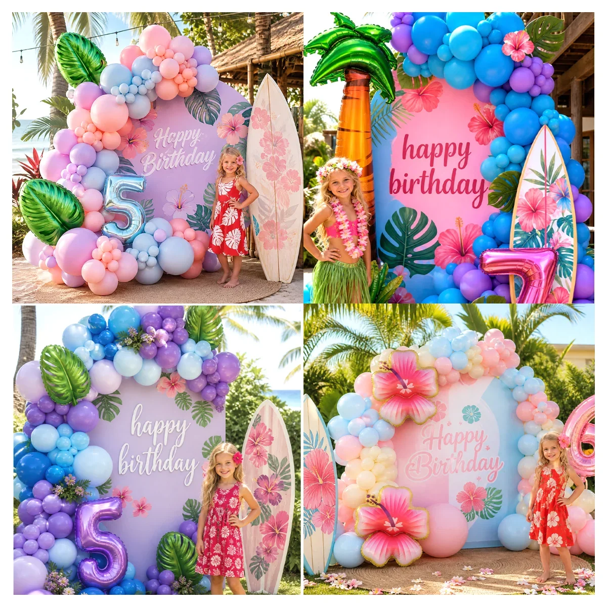 Balloon Bouquet,Stitches Pattern Foil Balloons With Hibiscus And Coconut Palm for Hawaiian Island  Birthday Party Decor Globos