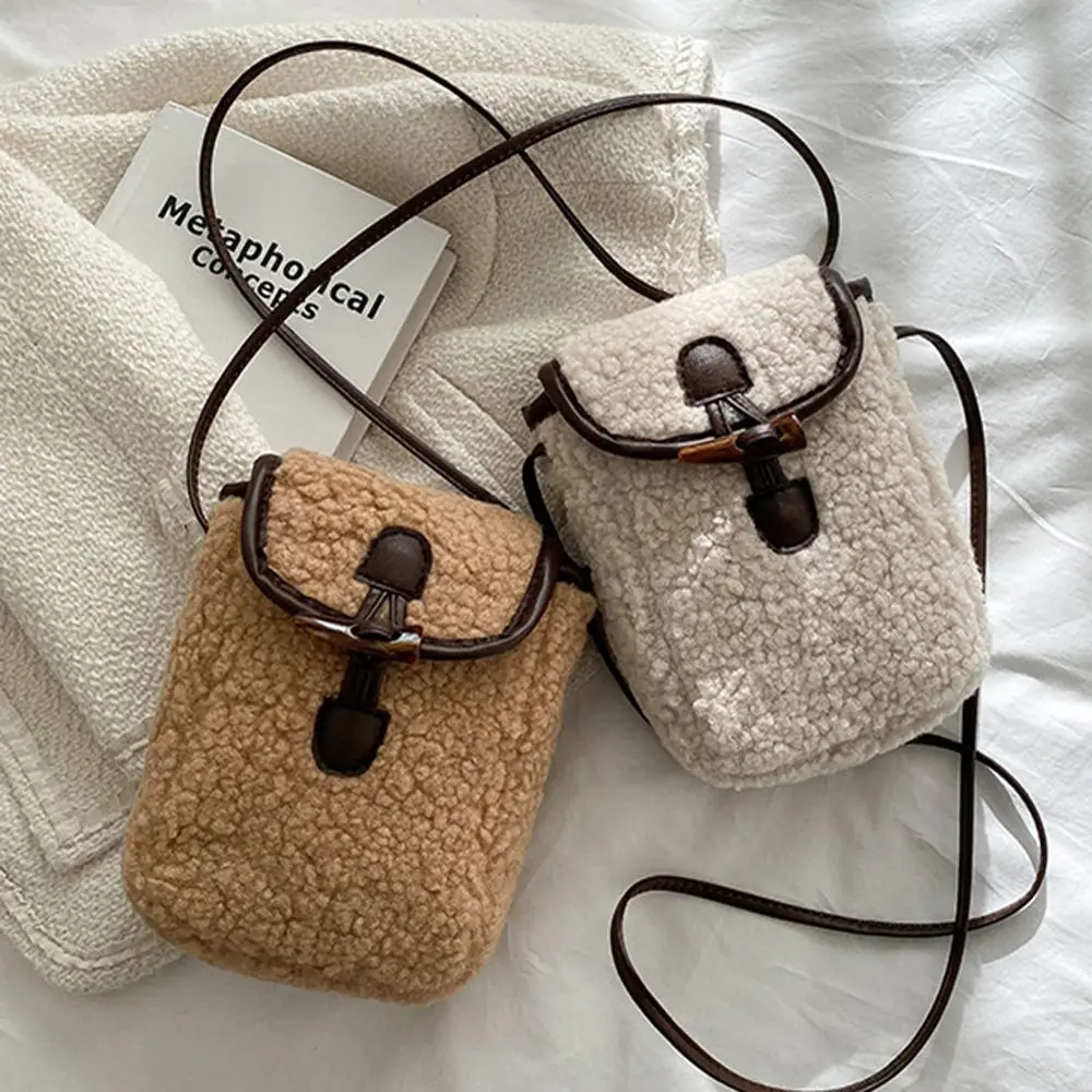 Cute Small Over The Shoulder Solid Color Buttons Fashion Wool Mobile Phone Bag Women Handbag Messenger Bag