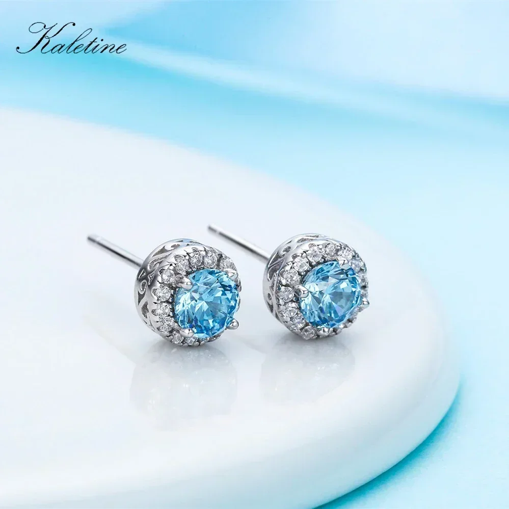 KALETINE Genuine 925 Sterling Silver Stud Earrings For Women Sea Blue CZ Clear Small Earrings Fashion Jewelry Kpop KLTE001