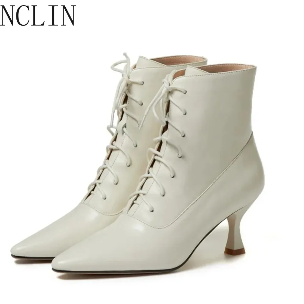 Hot Genuine Leather Women Boots Fashion Lace-up Ankle Boots Pointed Toe Thin Heels Modern Boots Handmade Women Shoes Cross-tied