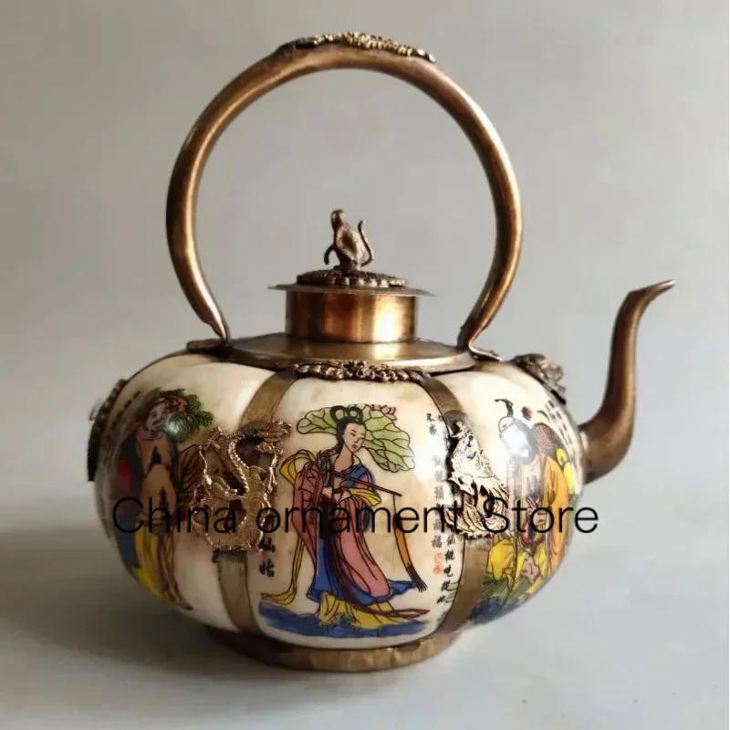 Archaize White Copper Mosaic Ceramic Eight Immortals Teapot Craft Statue