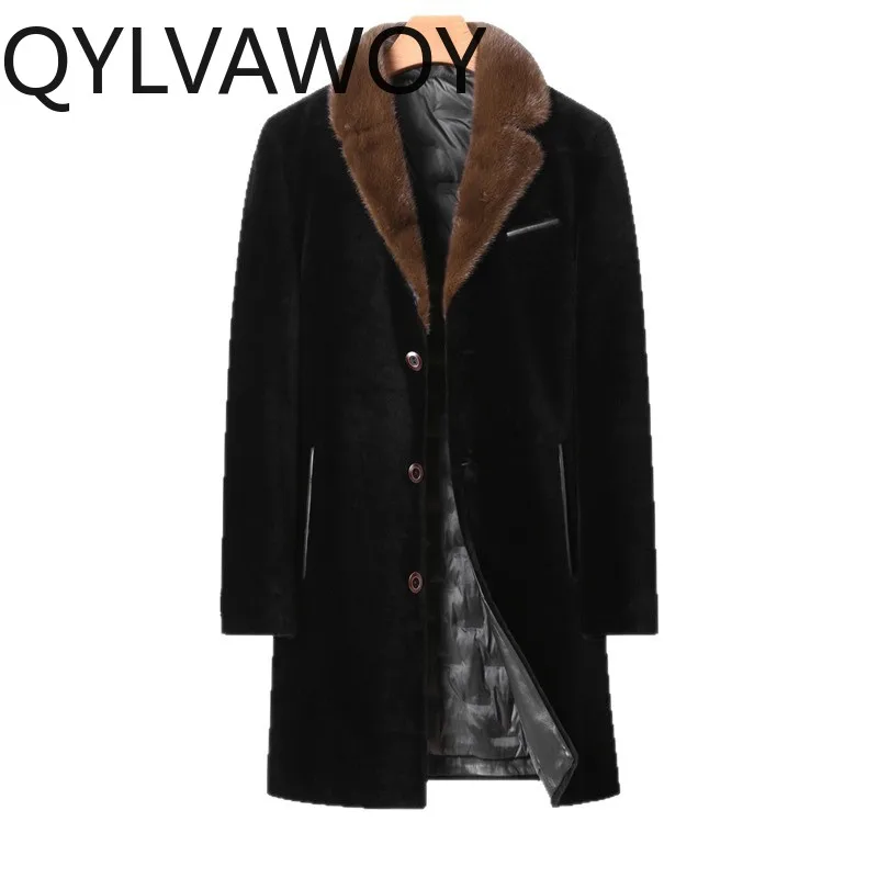 

QYLVAWOY 100% Wool Coat Luxury Coats for Men Clothing Mink Fur Collar Coat Down Liner Mens Jacket Thicken Warm Пальто Мужское