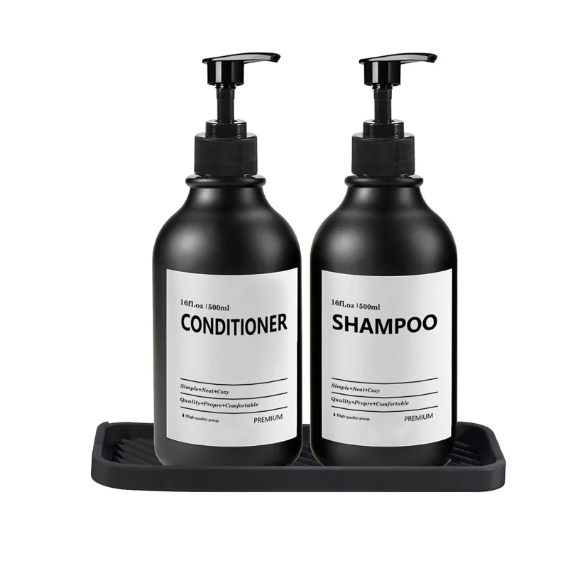 New Soap Dispenser Matte Black Wall Mounted Shampoo Shower Gel Refillable Empty Bottle with Label Tray Kitchen Accessories 500ML