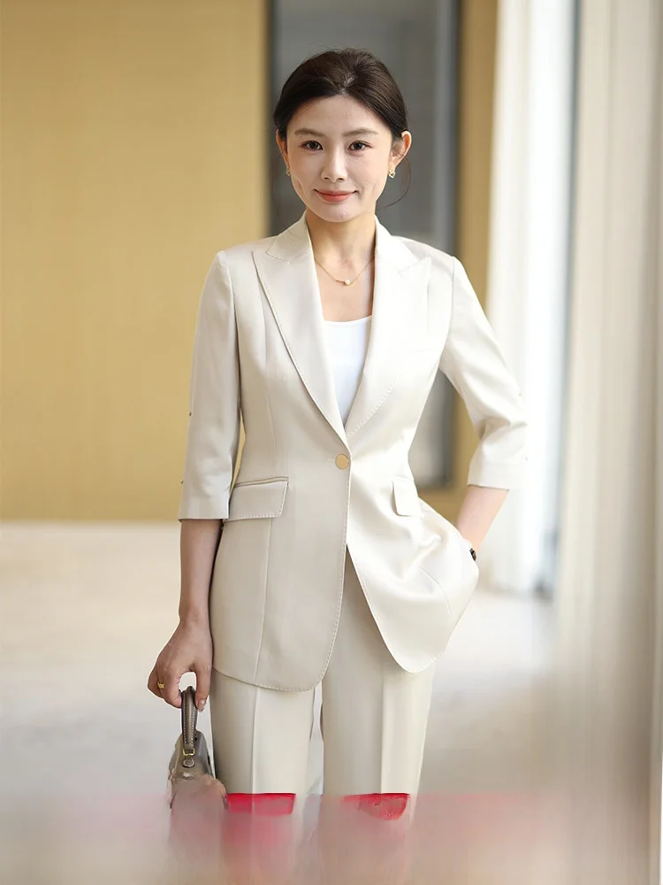 

Champagne Color Slim Fit Summer Thin Suit Set for Women Luxury Commute Workwear Polyester Fabric Seven Sve Regular Length