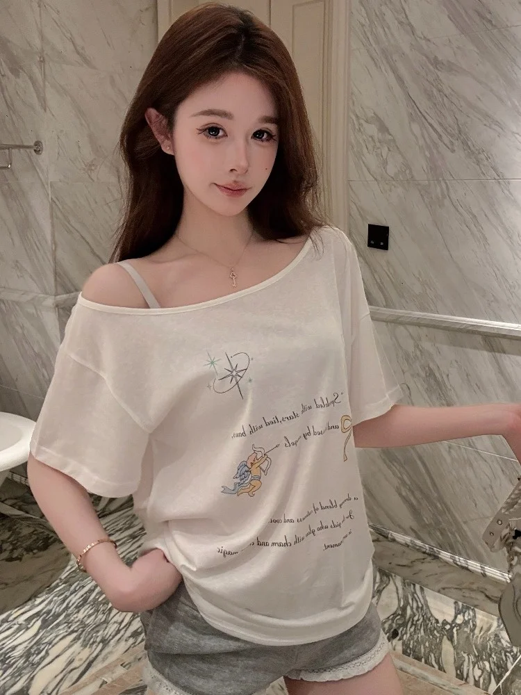 

Casual Shoulder Bared T Shirt Women's Lazy Style Drawstring Loose Summer Design mid Length Top Breathable Skin Friendly Citywalk