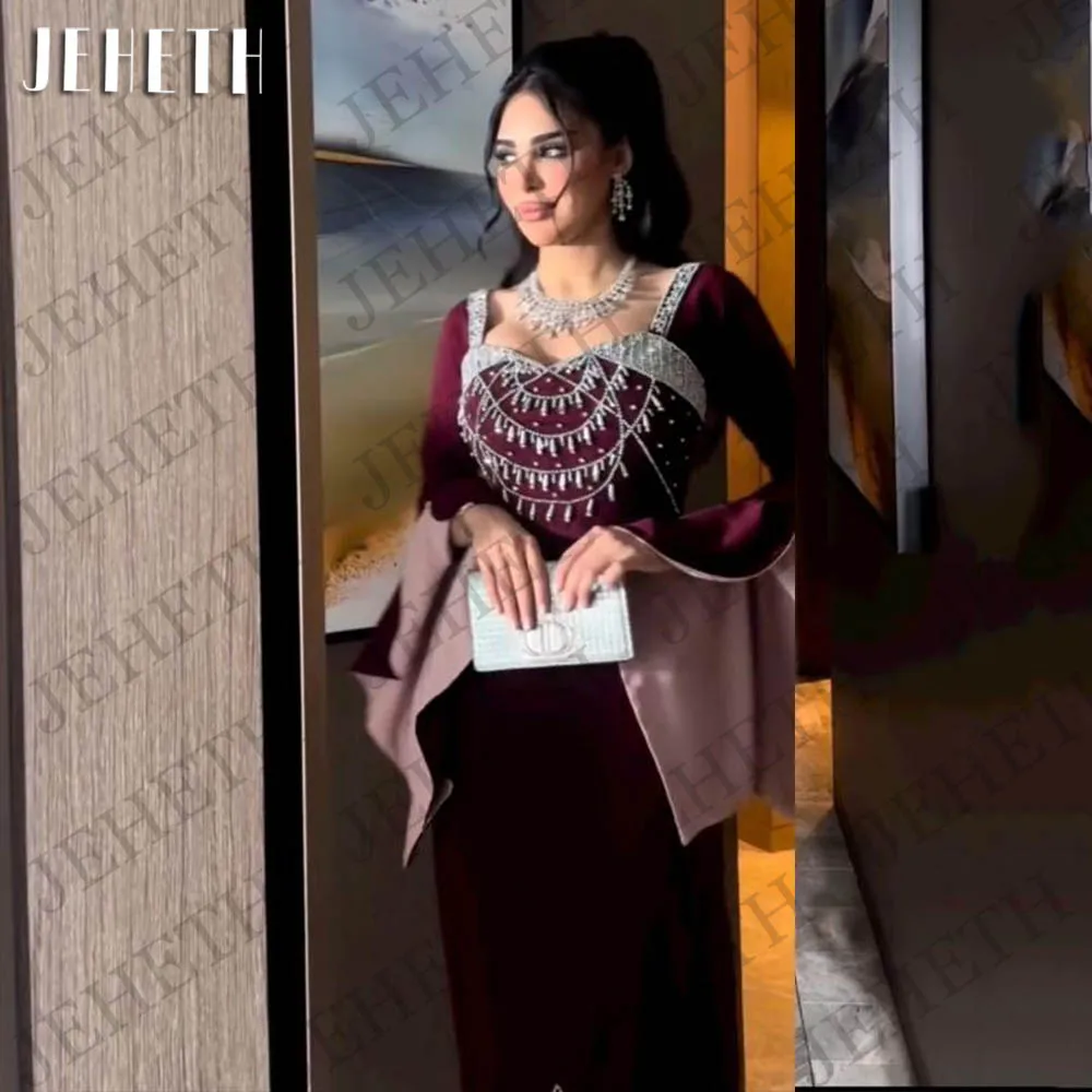 JEHETH Luxury Mermaid Dubai Evening Dresses Woman Burgundy Saudi Arabic Long Sleeves Beaded Split Formal Celebrity Occasion Gown