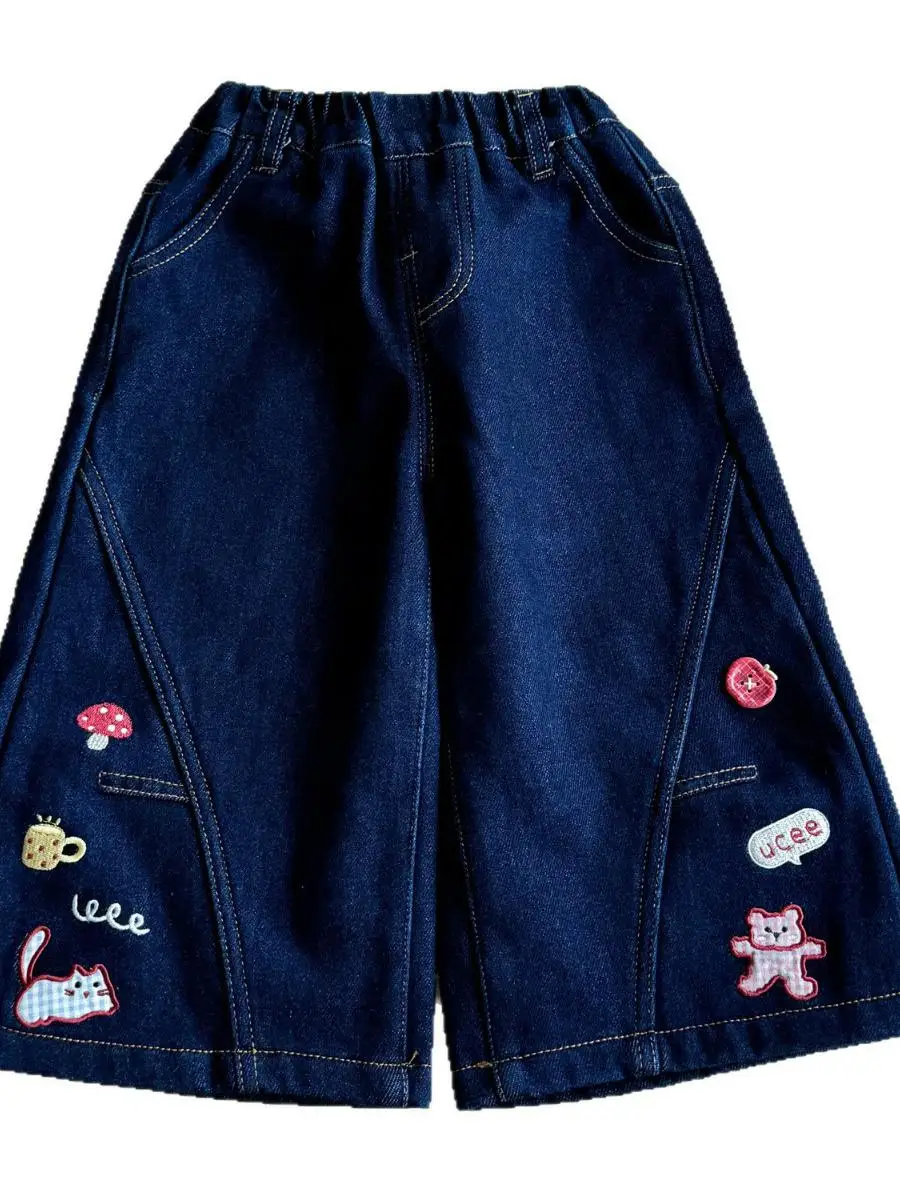 Calças de Veludo para Bebê Menina com Pernas Largas, Nova Versão Coreana de Outono/Inverno, Jeans Reto Bordado