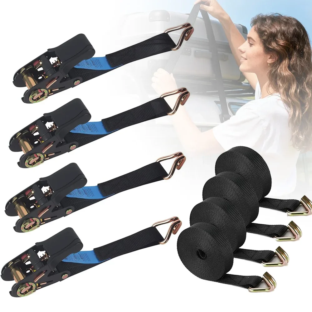 Cinghie resistenti con gancio, confezione da 4 cinghie robuste/cinghie nere per fissare carichi, cinghie per moto/auto/rimorchi/uso domestico, 2,5 cm x 6 m.