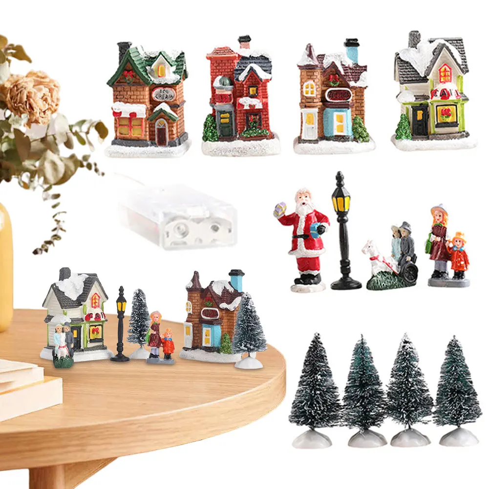 12 قطعة صغيرة الراتنج عيد الميلاد قرية التماثيل الديكور مجموعة مضاءة LED عيد الميلاد الشتاء قرية منازل عيد الميلاد زينة الشتاء