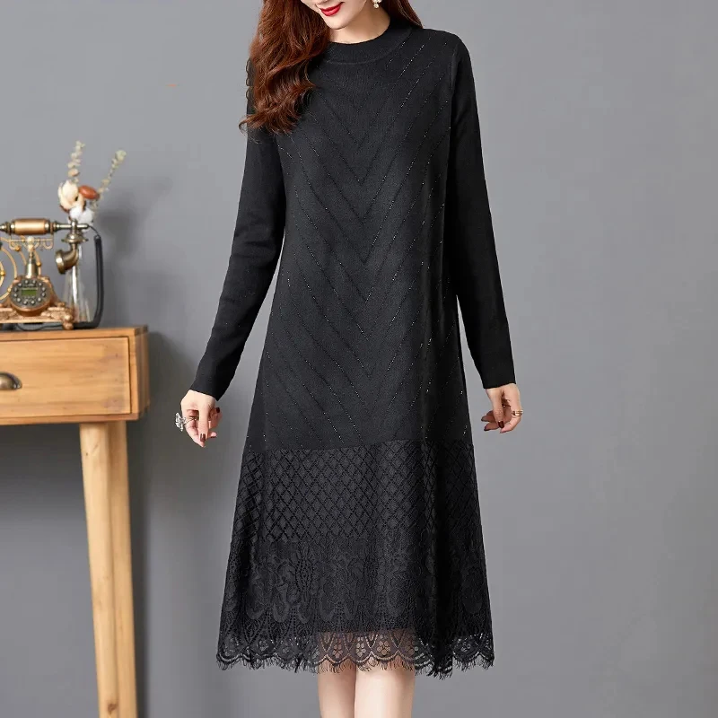 2024 New Autumn Winter Lace Jersey Dress ,For Women Clothing ,Spring middle-aged mother Knitted Sweater Dress, Large Size 78