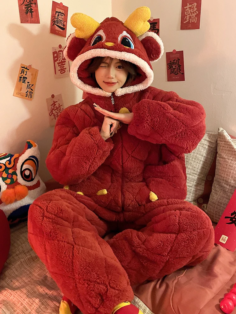 DAIMELU red Dragon pajamas women's autumn sleepwear winter coral fleece piled thickened three-layer cotton-padded hooded Lounge