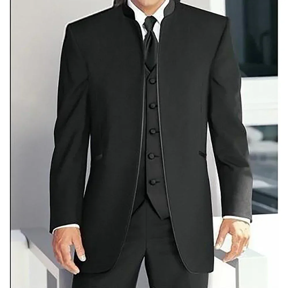 Trajes de boda para hombre con cuello levantado negro, esmoquin Formal para novio, traje de padrino (chaqueta + pantalones + chaleco), 3 uds.