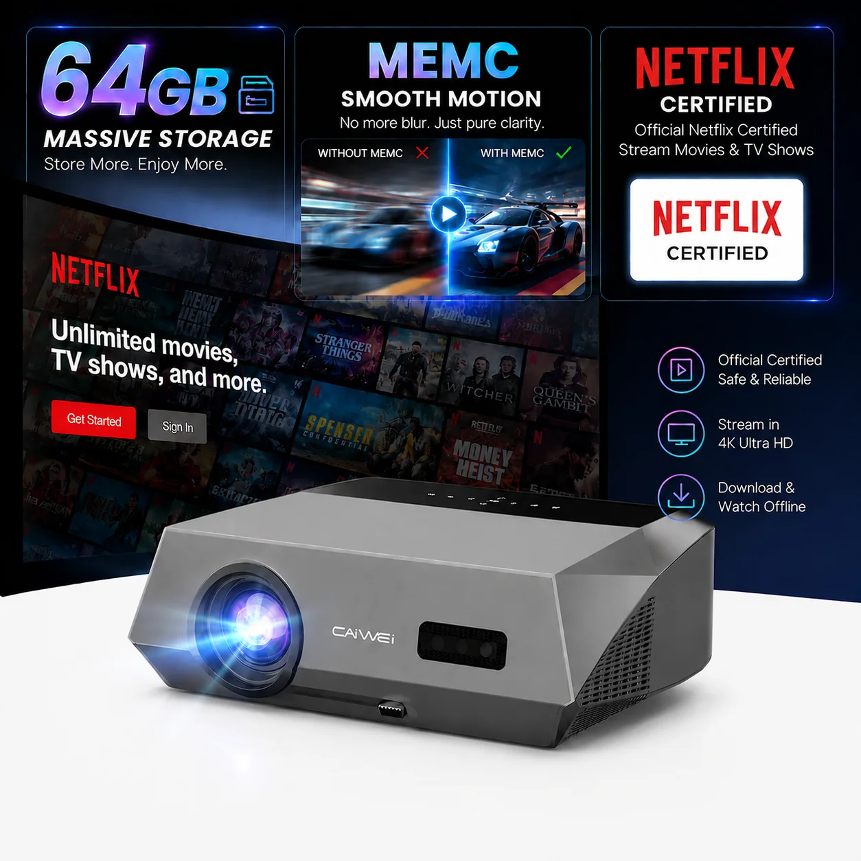 CAIWEI A10Q 4K Projector 4000 ANSI Home Theater for Movies Full HD WiFi 2G 64G MEMC Auto Focus 1080P Smart TV Projector Portable
