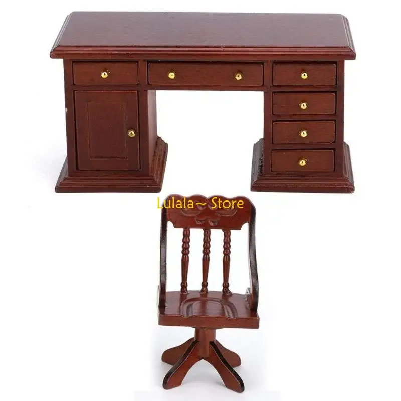 

Y4QA 1/12 Scale Study Writing Desk And Chair Miniature Wooden Toy House Furniture