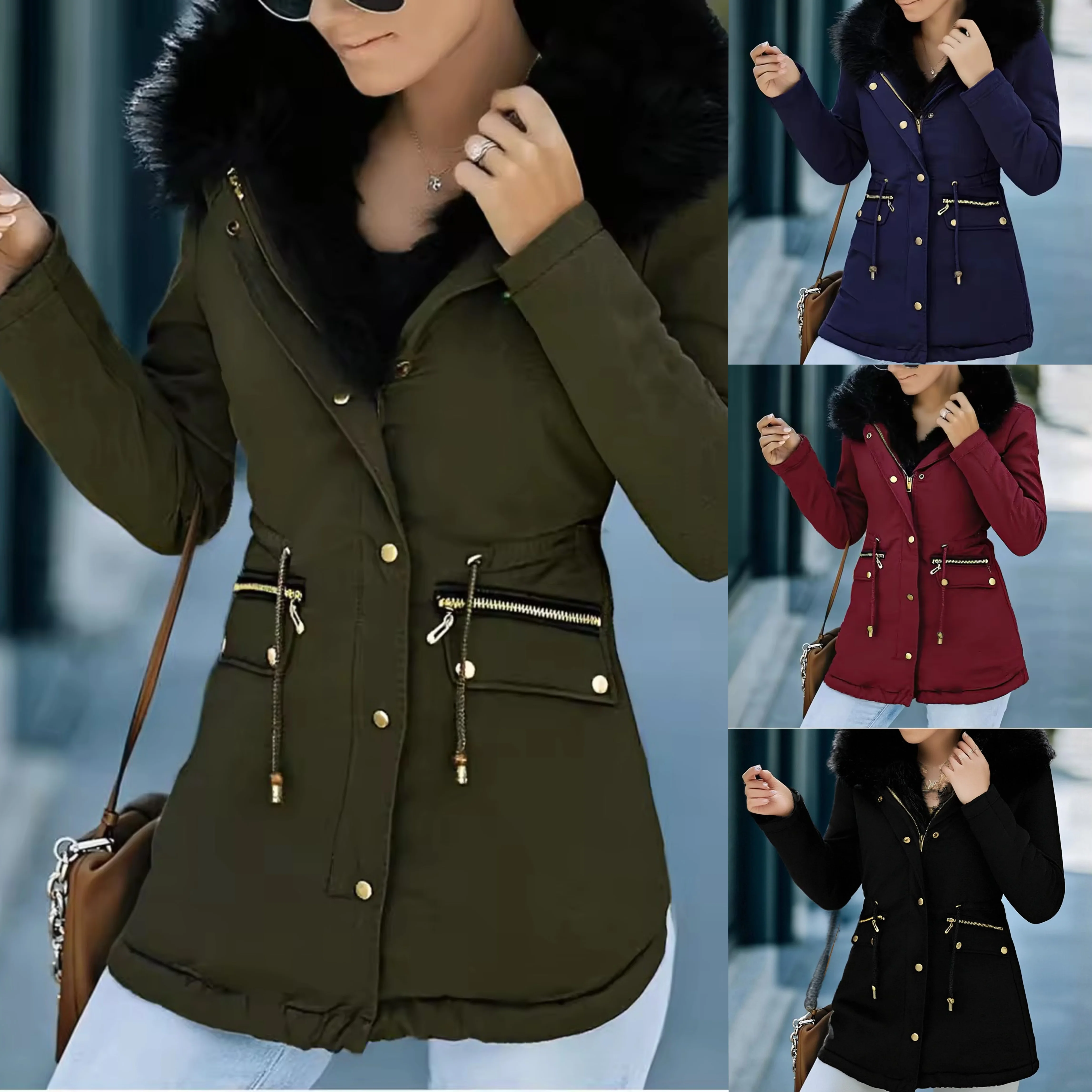 

Ladies Autumn Spring Parka Coat Black Hooded Jacket Faux Fur Trim Long Sleeve Dual Closure Drawstring Hem Practical