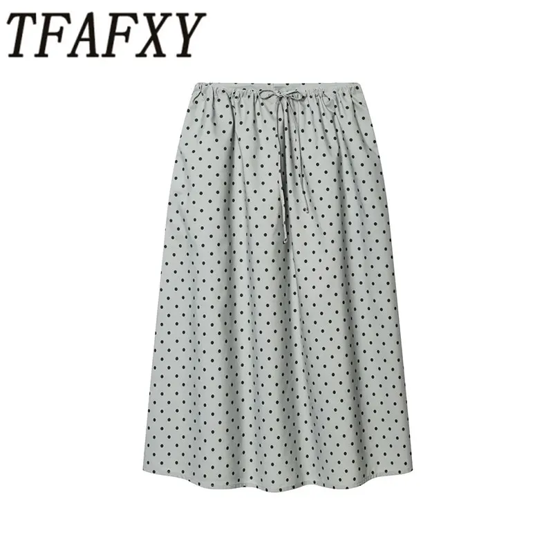 

TFAFXY 2026 Весенняя элегантная юбка миди в горошек для женщин, модная повседневная юбка на завязках для отпуска, новая летняя модная юбка для праздников