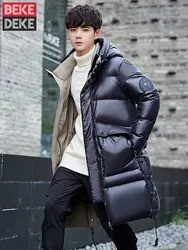 Winter Men Mid Long Down Jacket Fashion Patent Hoody Overcoat Casual Loose Fit Thick Warm Grey Duck Down Coat Windproof Jacket