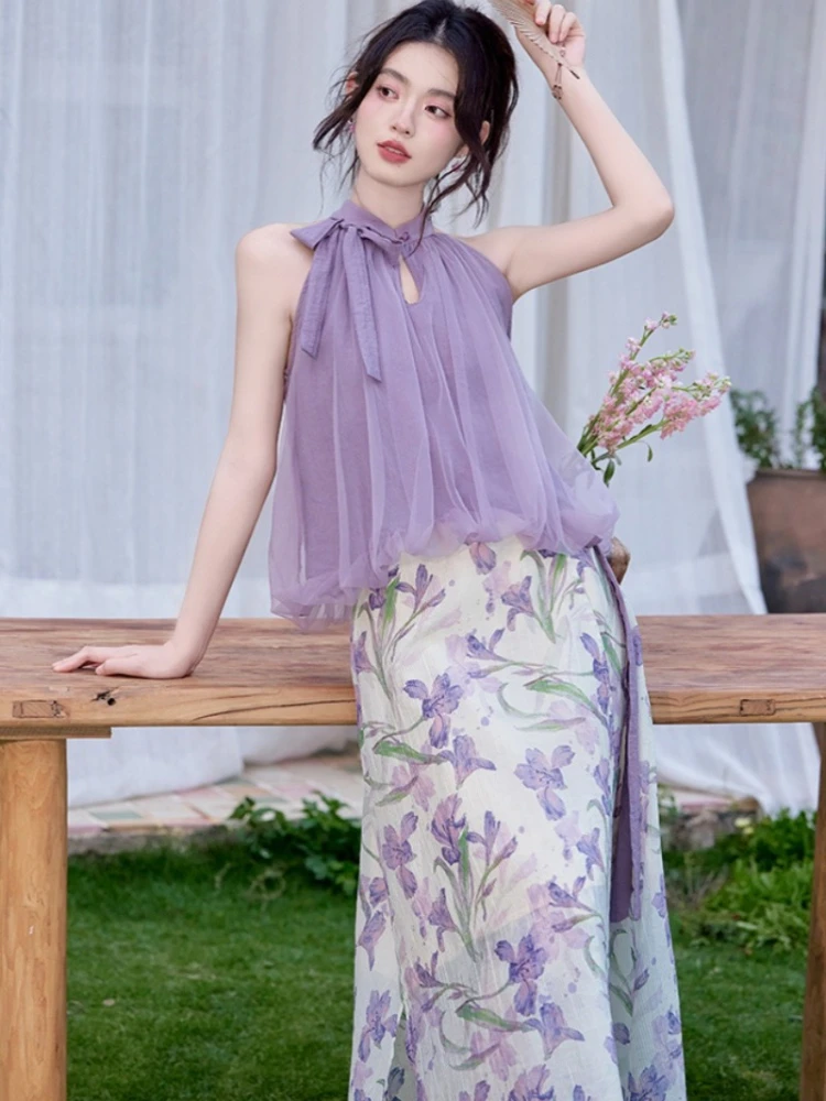 

Sleeveless Female Outfits Summer Fashion 2025 Korean Style Clothing New Arrivals Full Korea Flowers Women's Two Skirt Piece Set
