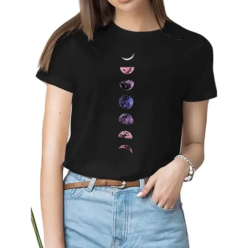 Camiseta engraçada com estampa lua feminina, camisas brancas e pretas, gola redonda, manga curta, camiseta de verão, blusa casual, moda, nova