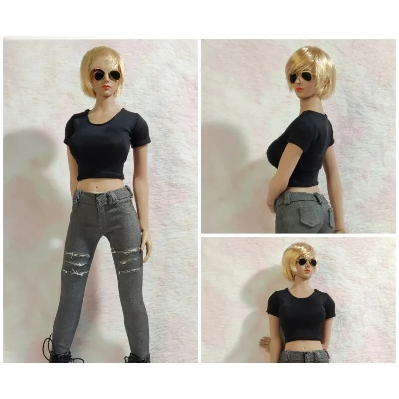 1/6 스케일 여성 군인 찢어진 타이트 핏 힙 허깅 진 라운드 넥 반팔 티셔츠 의류 모델 12인치 PH 토이즈 바디용