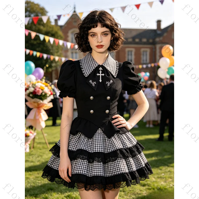 Customized Black Plaid Gothic Lolita Dress Stylish Chic Vintage Puff Short Sleeve Cake Mini Dress Campus Party Formal Outfit