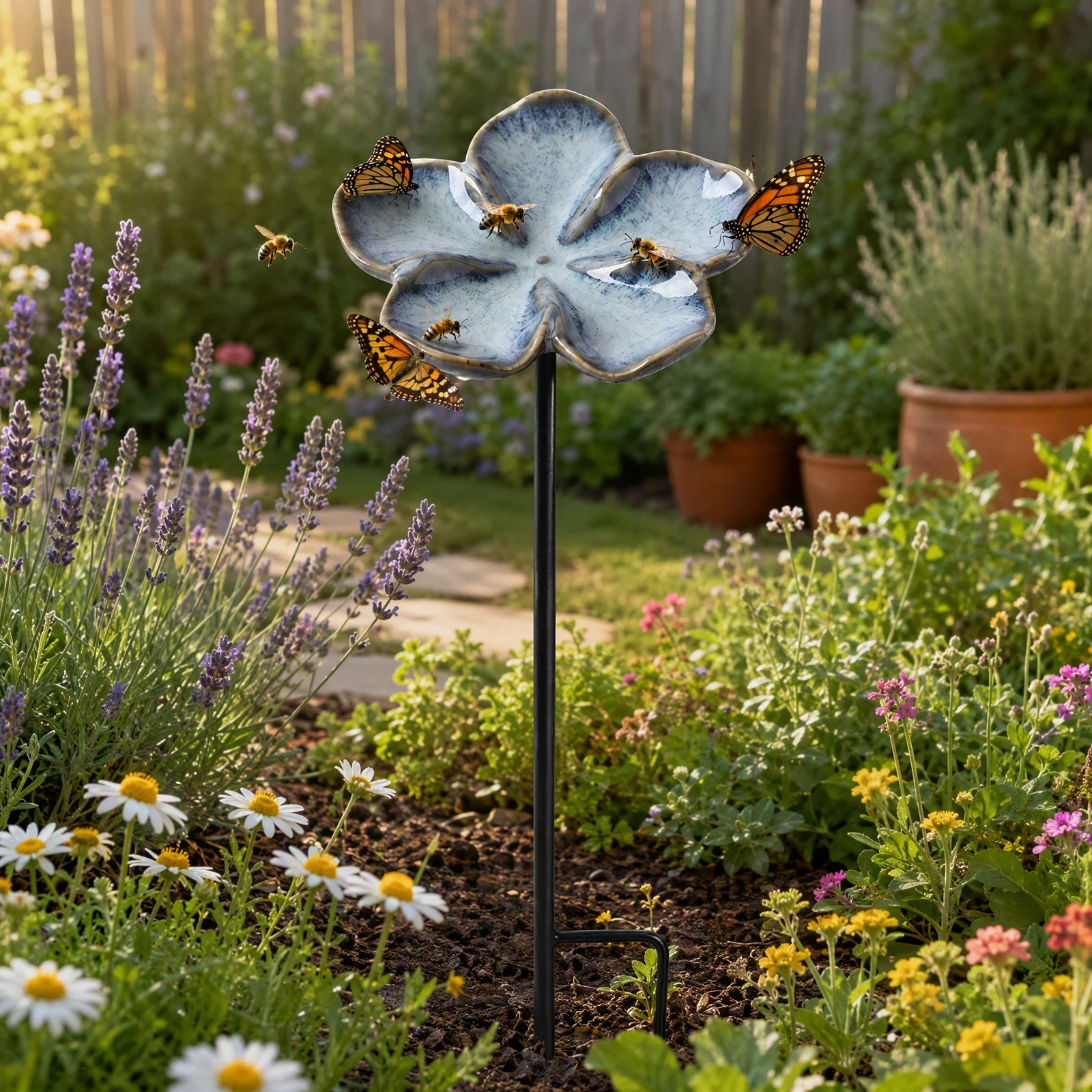 All Weather Ceramic Insect Watering Station Flower Bowl Bee Butterfly Drinker Garden Stake Pollinator