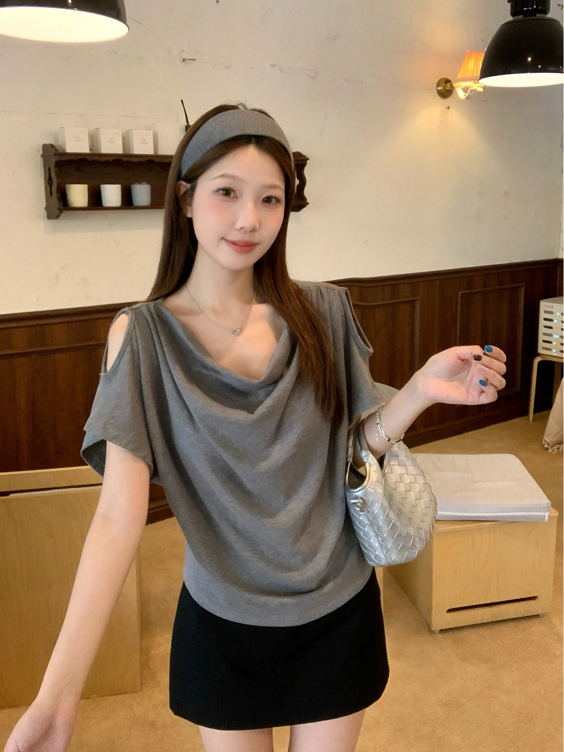 

plus Size Women's Pure Desire Style Short Sleeve T-Shirt Shoulder Bared Neckline Summer New Design Slimming Versatile Top