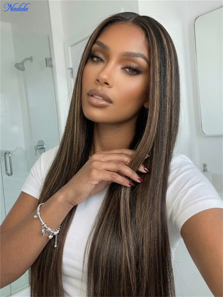 

Nadula Yaki Straight Glueless Wig 100% Virgin Human Hair Bye Bye Knots 7x5 Pre Cut HD Lace Golden Brown Color Put and Go Drawstring Human Hair Wig Density 180%