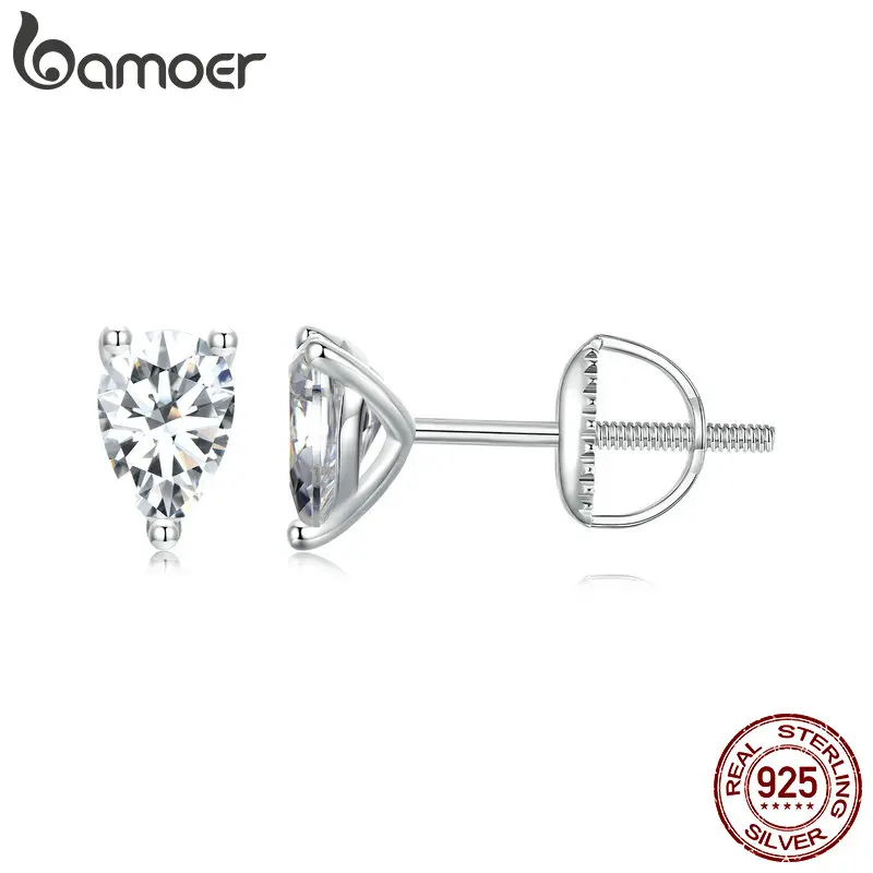 BAMOER Moissanite Stud Earrings, D Color Brilliant Pear Cut Lab Created Diamond 925 Silver Earrings Gold Plated for Women