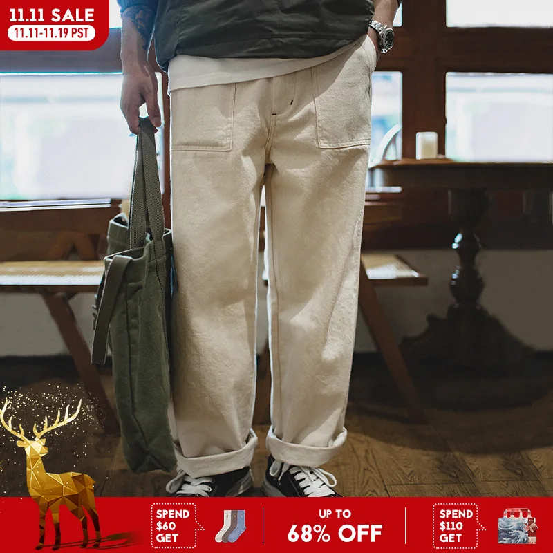 마덴 남성 빈티지 11.2온스 화이트 코튼씨드 헐 진 캐주얼 배기핏 스트레이트 트라우저 봄/가을 치노 카고 팬츠