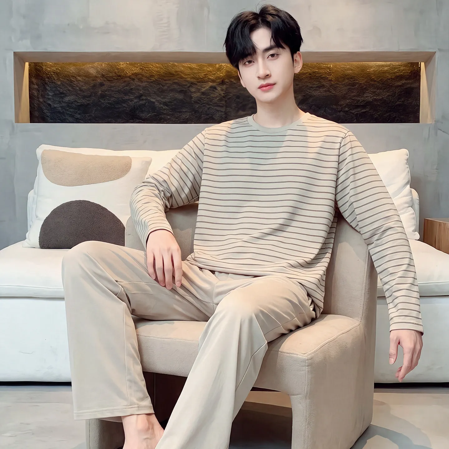 2026 New Autumn Spring Men Pajama Set Crew Neck Pullover Long Sleeve Long Pants Casual Loungewear For Teenagers Home Sleepwear