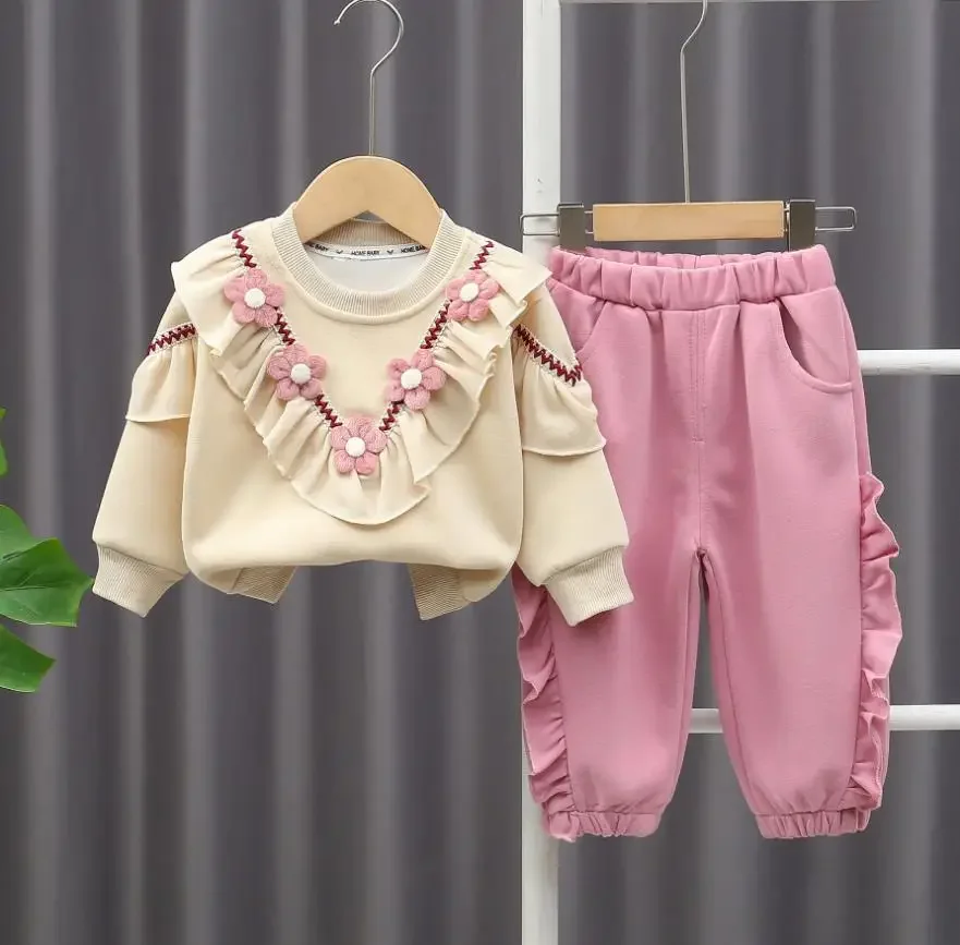 

Girls Flower Sweatshirt Set Spring Autumn Children Baby Clothing Embroidered Lace O-neck Pullover Hoodies+Pant Kids Bebe Outfits