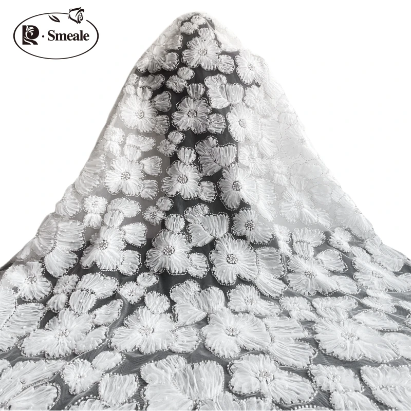 Besticktes Spitzens toff für Kinder bekleidung, 3D-Mesh-Blumen, Silber perle, Perlen-Hochzeits kleid, Spitzen band, RS5036, 3 Farben – Detail 7