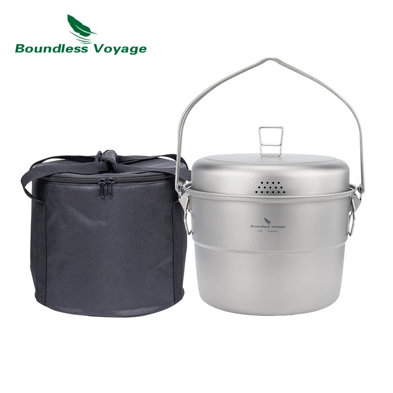 Boundless Voyage Titanium 3.8L Hanging Pot with Steaming Rack Folding Handle Outdoor Camping Cooking Stockpot Steamer Set