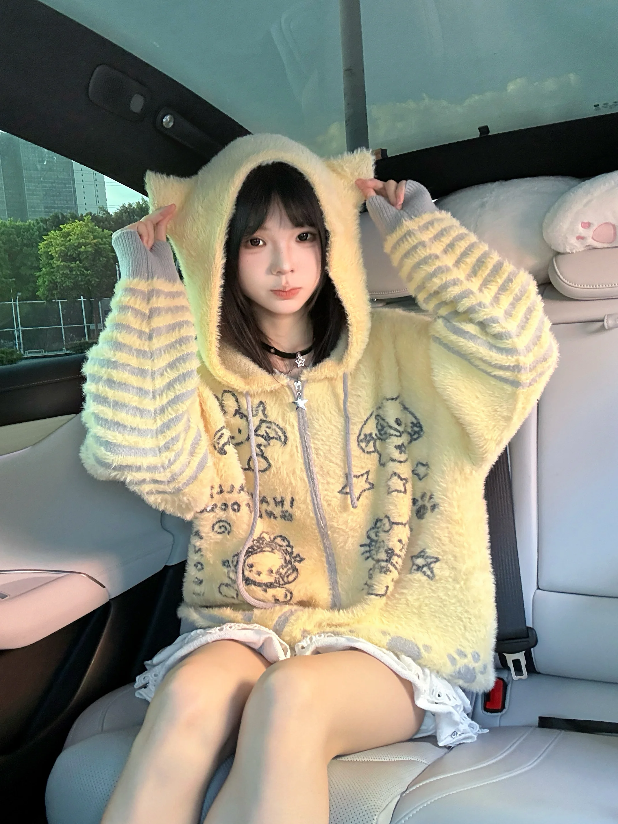 

Мягкая толстовка на молнии с капюшоном и дизайнерским воротником, женская, осенне-зимняя, из искусственного меха норки, вязаный свитер, теплая, удобная, повседневная куртка