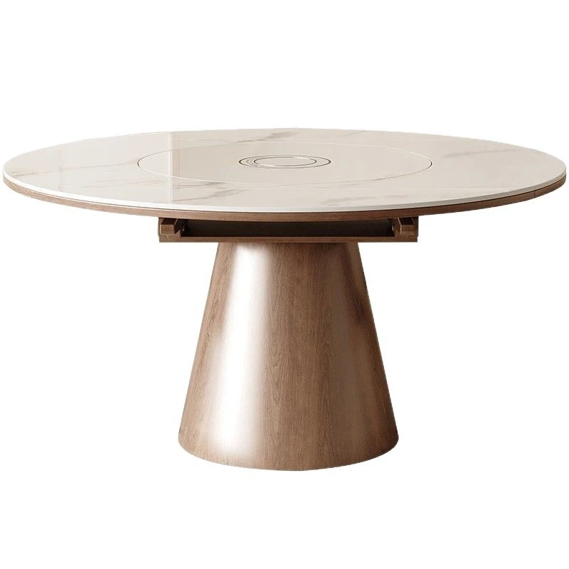 

Retro rock slab dining table with voice warming turntable retractable folding solid wood walnut medium and antique dining table