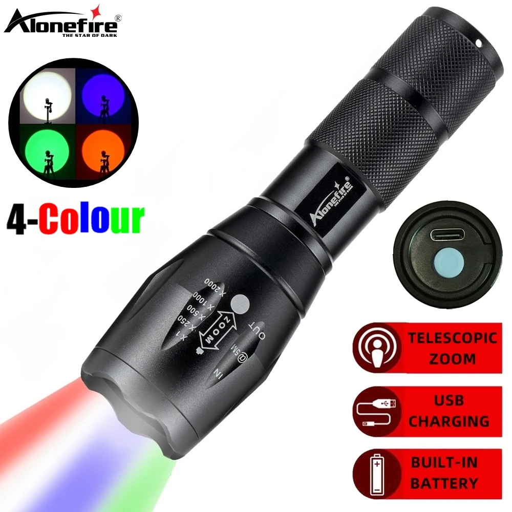 4-In-1 Multicolor LED Flashlight Red Blue Green White Lamp Portable Outdoor Hunting Photography Selfie Hiking High Light Torch