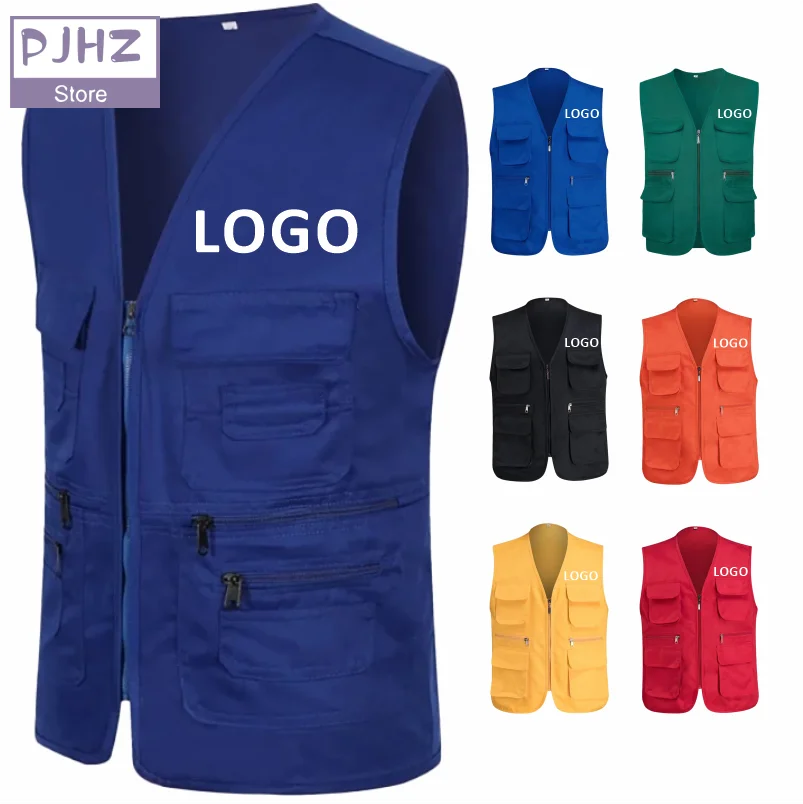 Multi Pocket Vest Coat Travelers Fishing Photography Director Outdoor Zipper Vests Group Company Workwear Custom LOGO Print