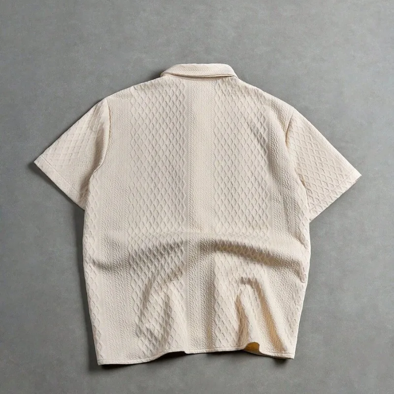 Koreanisches minimalistisches kontrastierendes Patchwork-Strickhemd für Herren, kurzärmelig, mit Revers, lockerer Streetwear-Stil, für Teenager, alltäglich, lässig, mit Knopfleiste – Detail 8