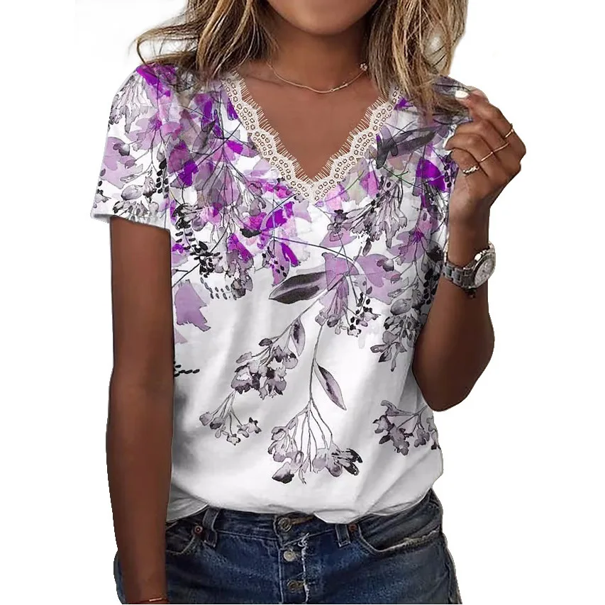 Camiseta informal holgada con estampado de encaje V-Ne para mujer, camiseta de corte holgado con flores y plantas, otros materiales, primavera 2023