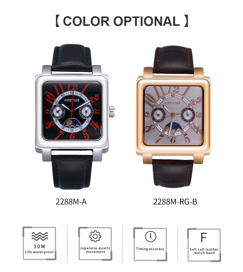 Men Quartz Square Watch Multifunction Chronograph Moon Phase Sport Luxury Waterproof Stainless Steel Buckle Wristwatches