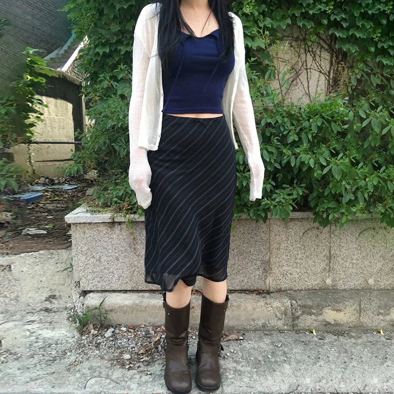

American College Style Striped Chiffon For Women's Summer New Mesh Breathable Lightweight Vacation Bag Hip Skirt