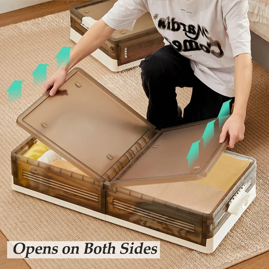 Under Bed Storage with Wheels, 2 Pack Stackable Under Bed Storage Containers, Underbed Storage Containers with Lids, Plastic Fol