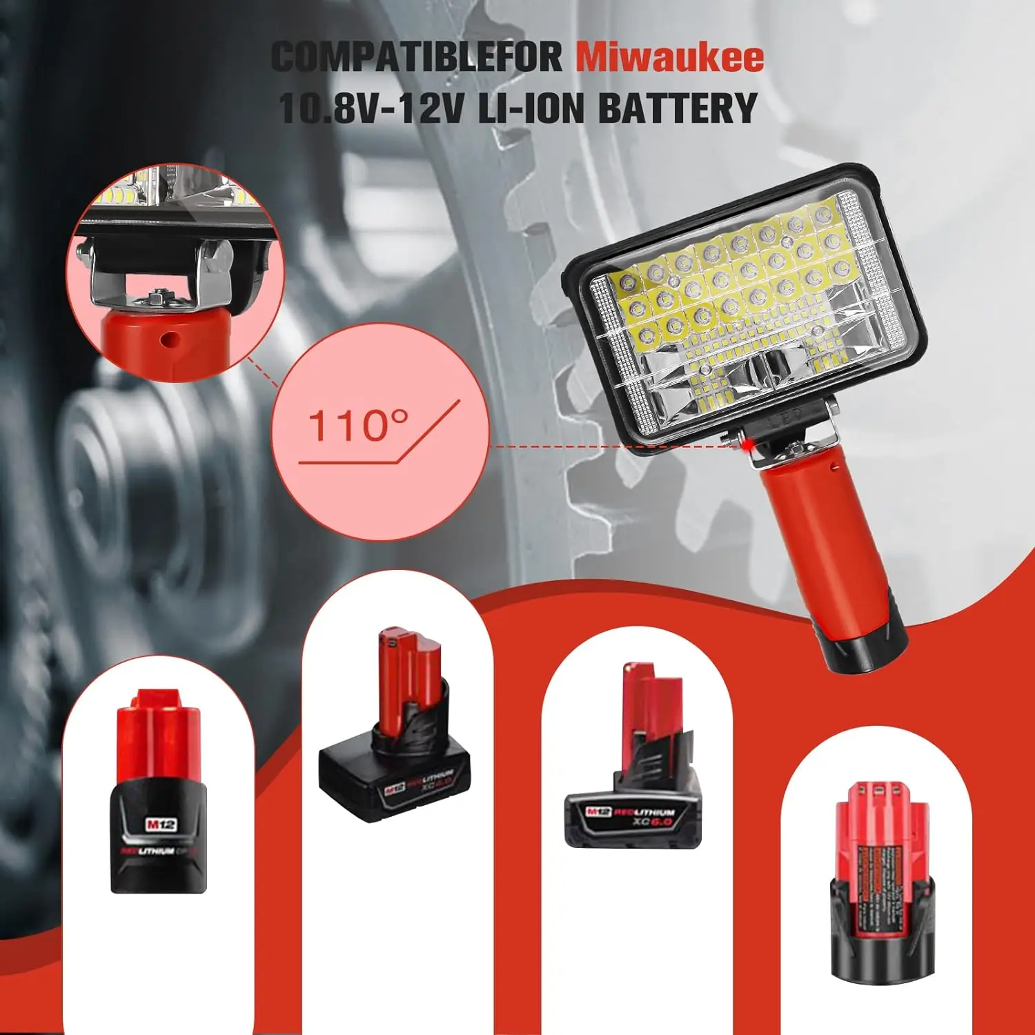 Cordless LED Work Light for Milwaukee 27W 7200LM M12 Compatible with 10.8V-12V Li-ion Battery Emergency Lights Lighting Lamp